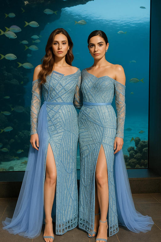 embellished tulle overlay, One side long sleeves