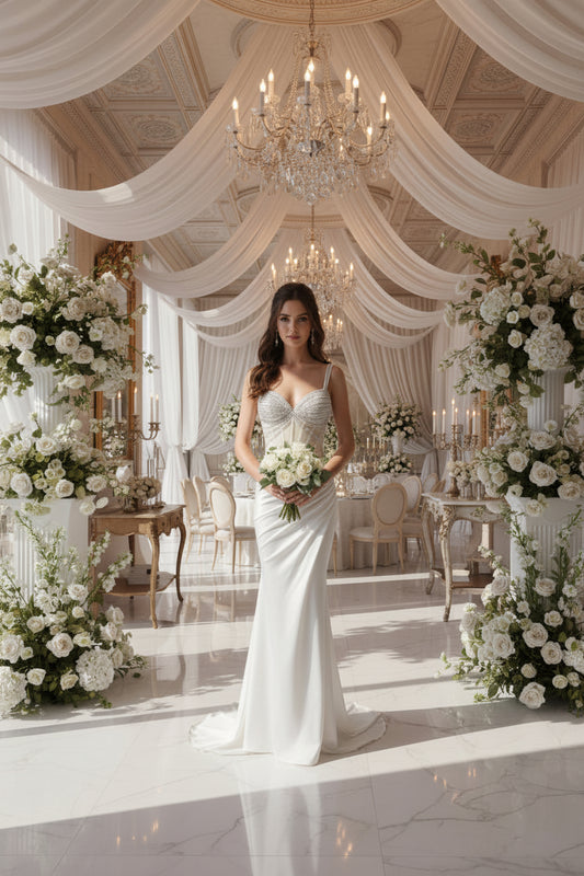 Sweetheart neckline, thin straps & sheer beaded bodice
