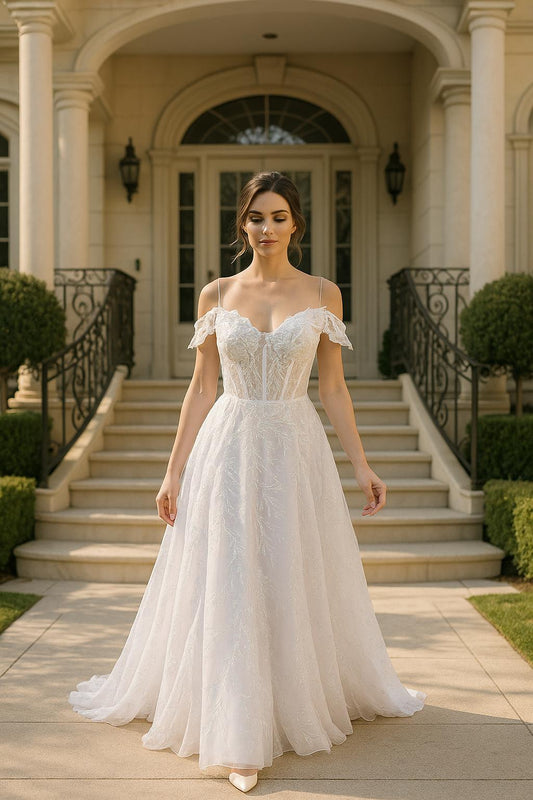 Off shoulder A-line lace wedding gown