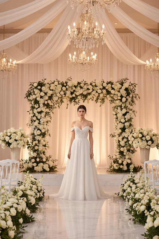 Off shoulder A-line lace wedding gown