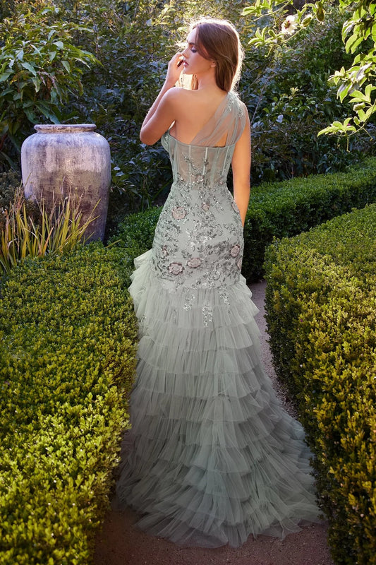 ONE SHOULDER EMBELLISHED LAYERED TULLE MERMAID GOWN