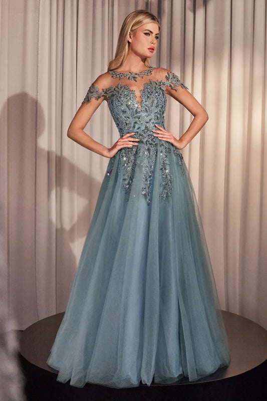 Illusion neckline with floral appliqué, cap sleeves, illusion back, and embellished bodice