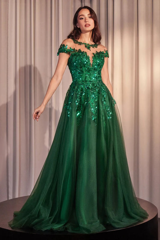 Illusion neckline with floral appliqué, cap sleeves, illusion back, and embellished bodice