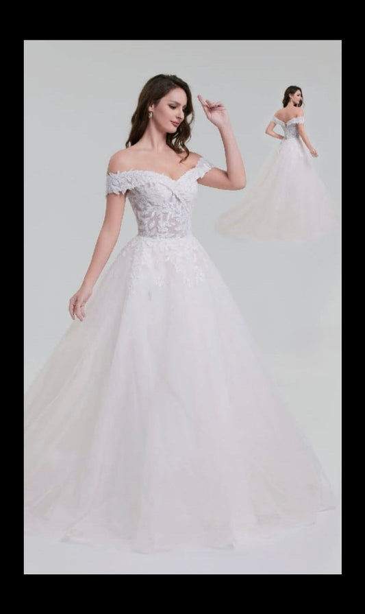 Off-the-shoulder ruched neckline, sheer corset bodice wedding gown