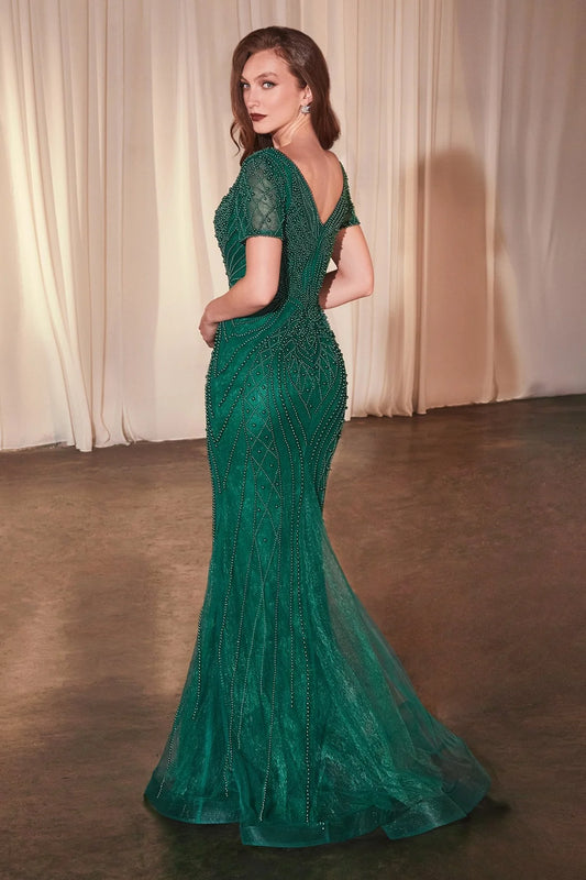 SHORT SLEEVE BEADED FIT & FLARE GOWN