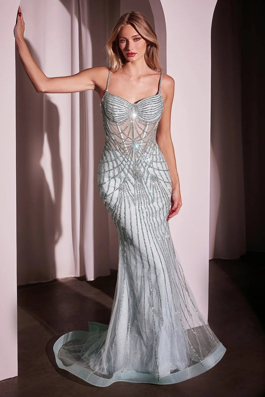 FITTED PEARL & CRYSTAL GOWN