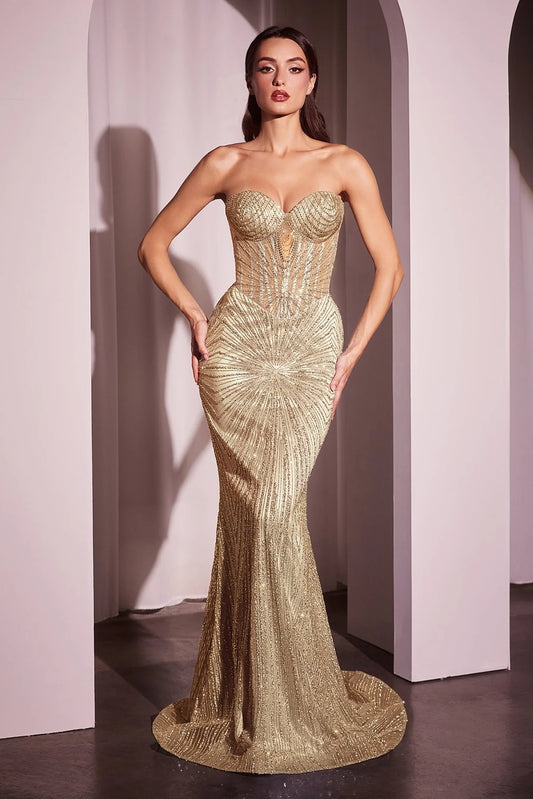 STRAPLESS GLITTER EMBELLISHED GOWN