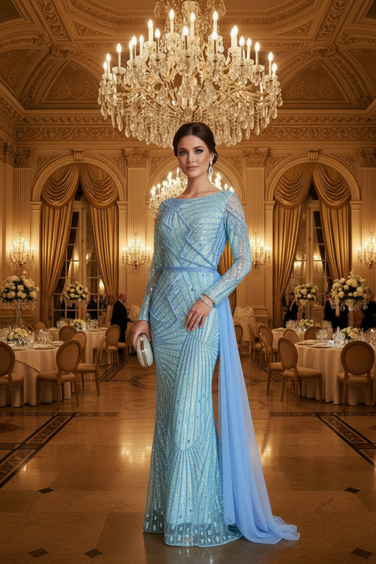 embellished tulle overlay, One side long sleeves