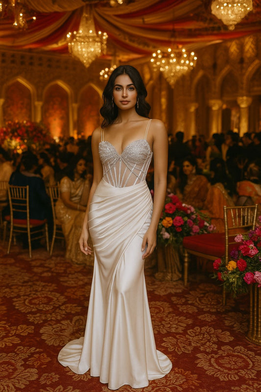 Sweetheart neckline, thin straps & sheer beaded bodice