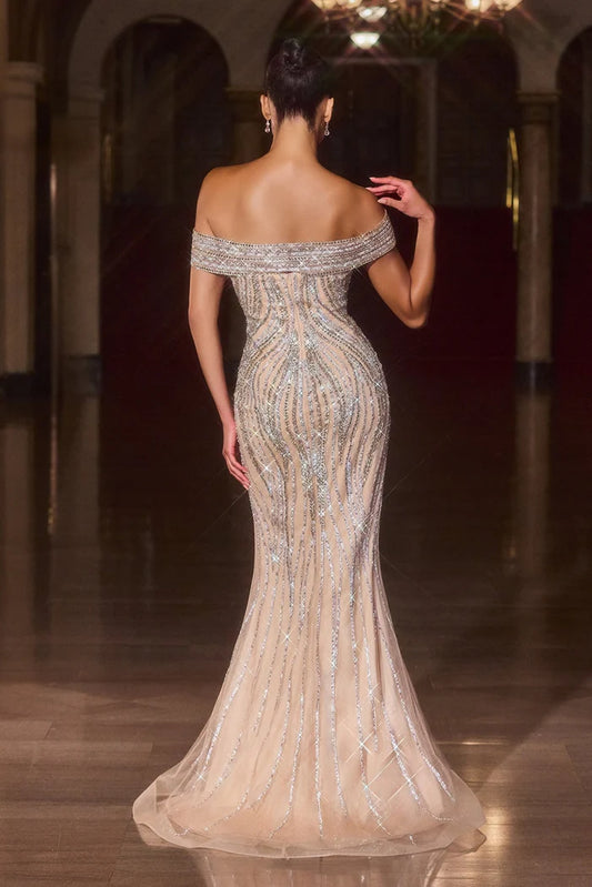 Plunging neckline with removable off-the-shoulder straps and linear beadwork