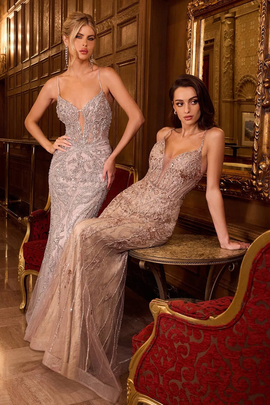 LACE & TULLE CRYSTAL EMBELLISHED FITTED GOWN