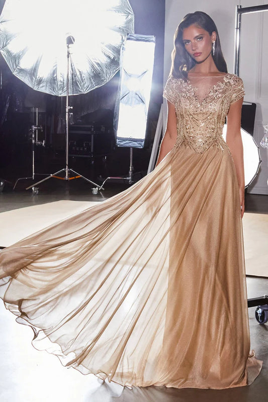 Illusion bateau neckline with cap sleeves and intricate crystal & bead embellishment