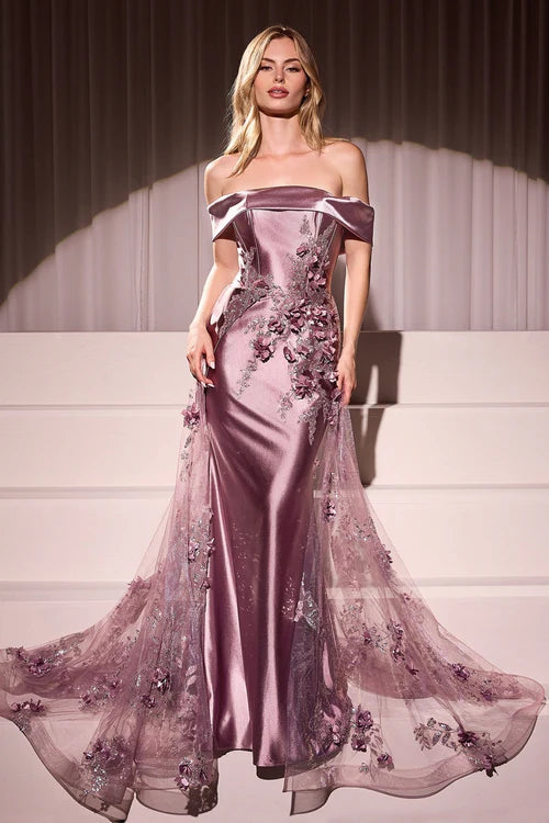 EMBELLISHED SATIN FITTED GOWN WITH TULLE OVERSKIRT