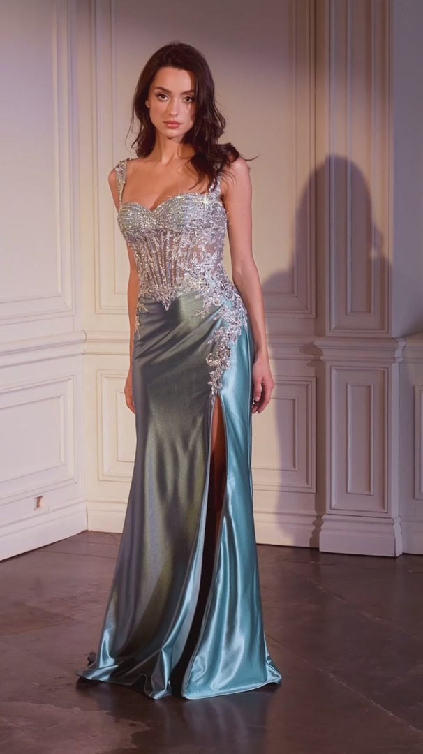 FITTED SATIN & LACE GOWN